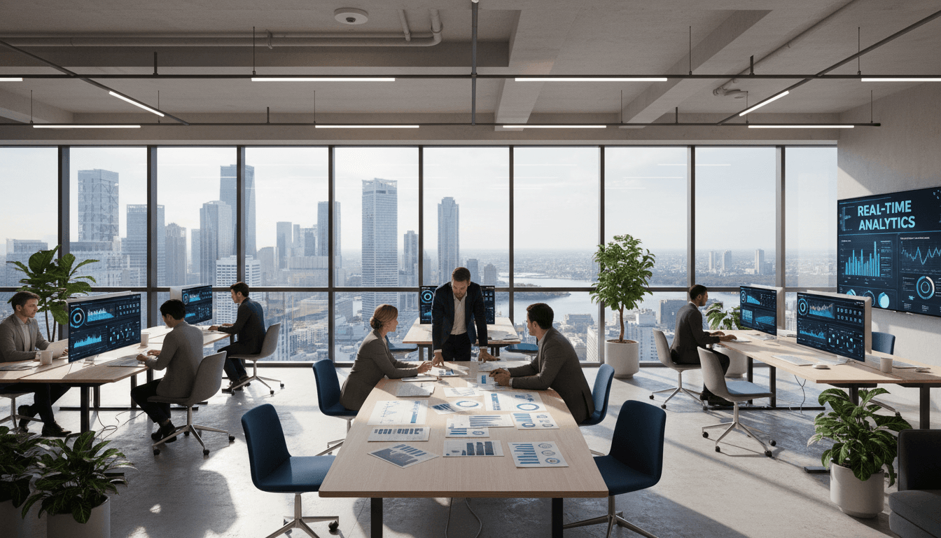 Digital inventory management dashboard displayed across multiple monitors in a professional corporate office
