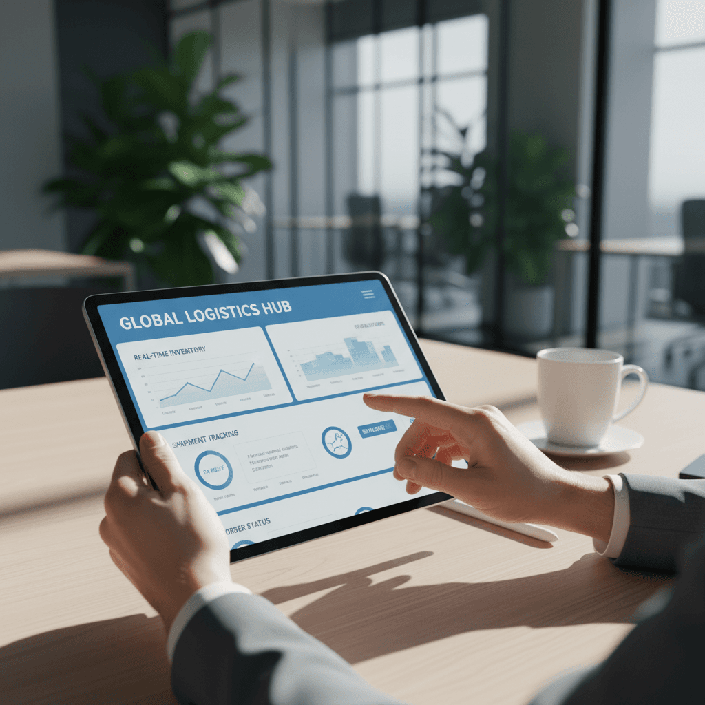 Business professional reviewing inventory management data on tablet with supply chain analytics displayed