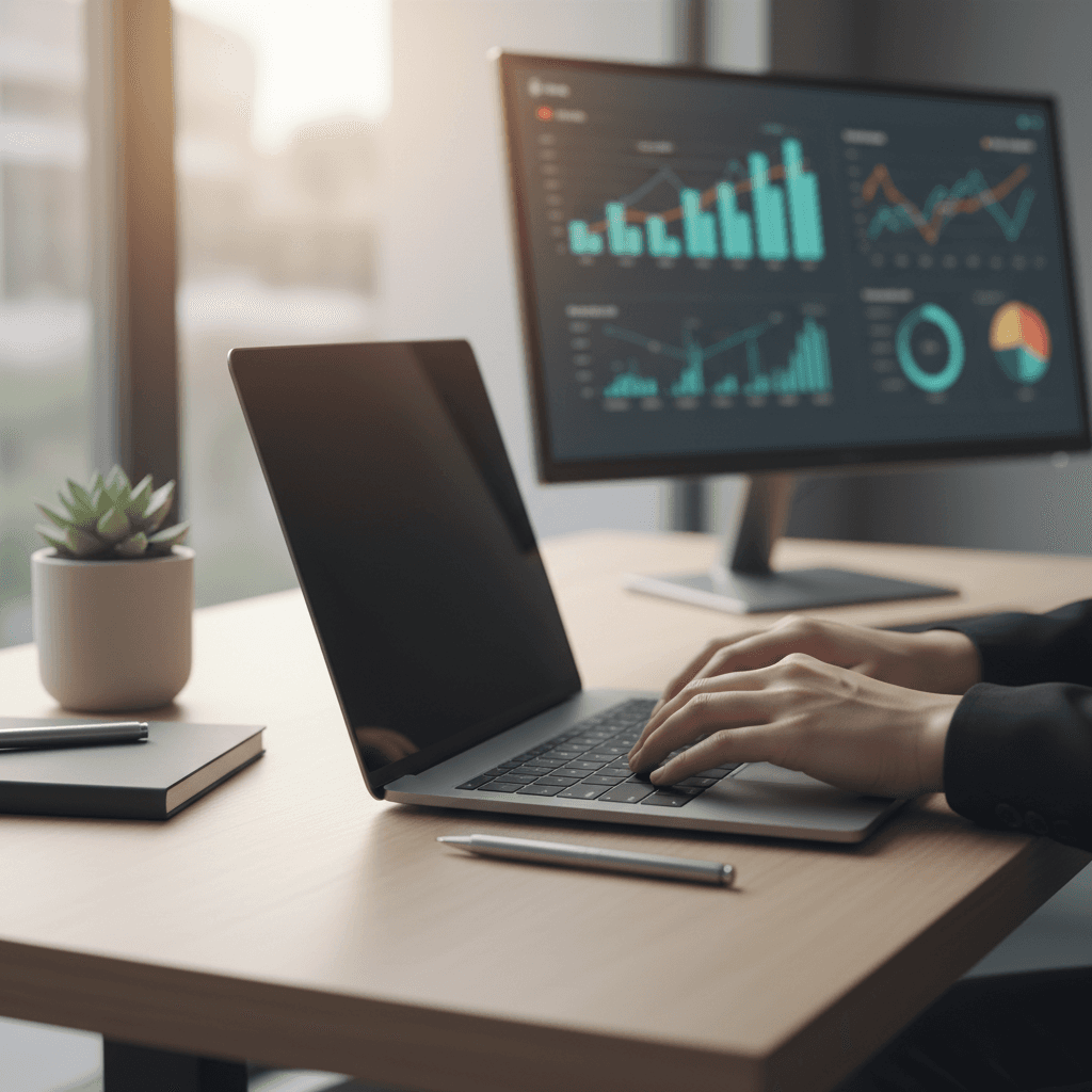 Professional reviewing digital inventory management dashboards in a modern corporate workspace