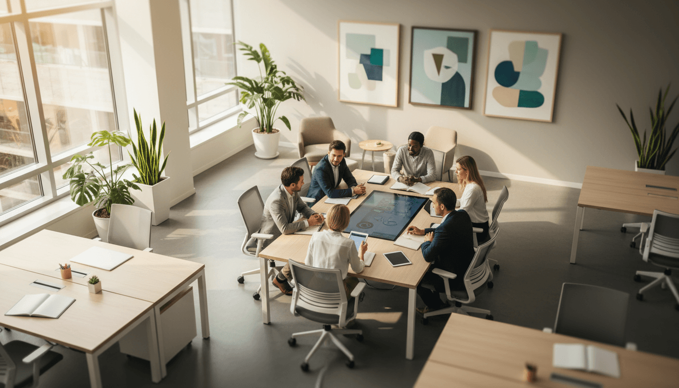 Two professionals in discussion at a modern conference table in a bright corporate office